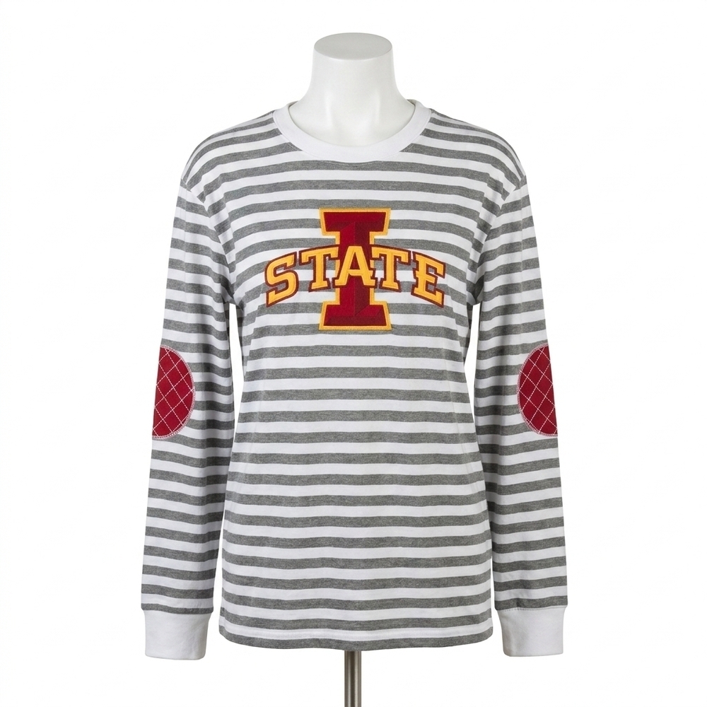 NEW GAMEDAY COUTURE iowa state university striped elbow patch tee in white/grey